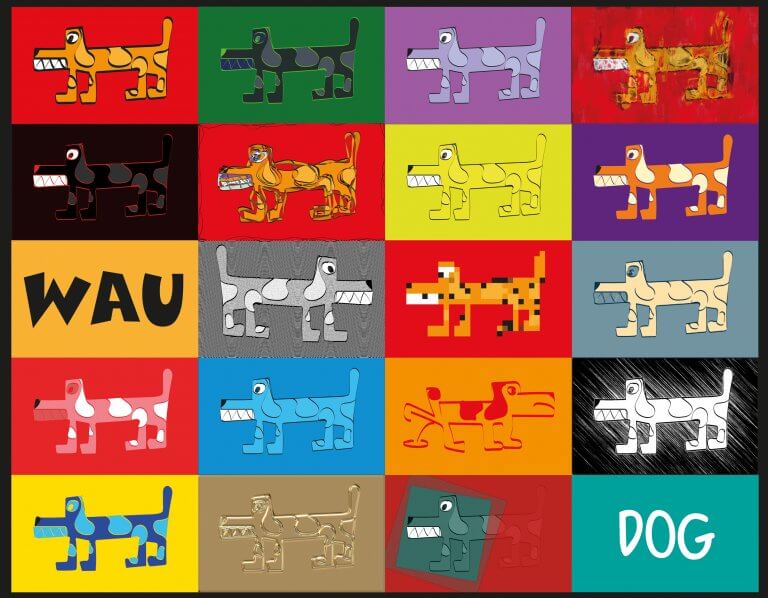 Grafiken und Bildwerke, mit Adobe Software erstelltes Motiv Hundeleben. 19 Hundeabbildungen in verschiedenen Farbzusammenstellungen.