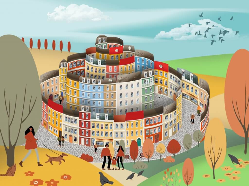 Grafiken und Bildwerke, mit Adobe Illustrator erstelltes Motiv Stadt in Spirale im Hebst.