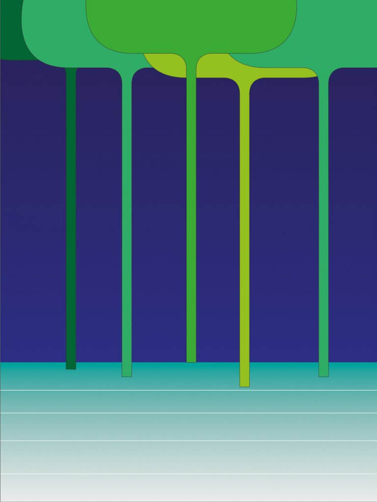 Moderne Kunst-Grafik, mit Adobe Illustrator erstelltes Motiv Nachtwald mit fünf Bäumen vor dunkelblauem Hintergrund.
