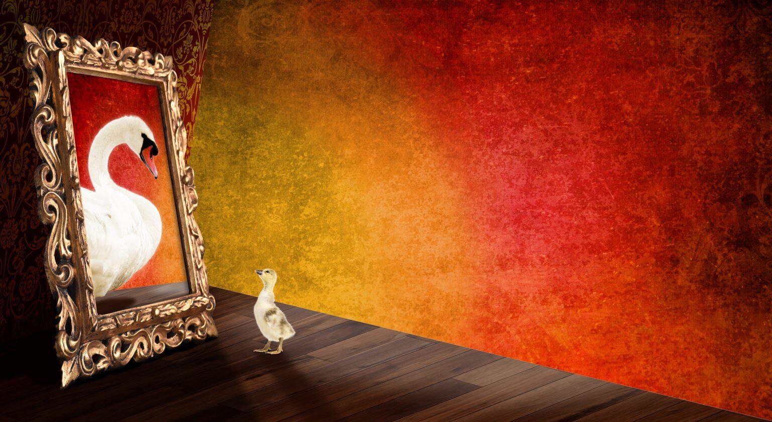 Kreative Bildbearbeitung Composing Artwork zeigt eine kleine Ente vor dem Bild mit einem Schwan.