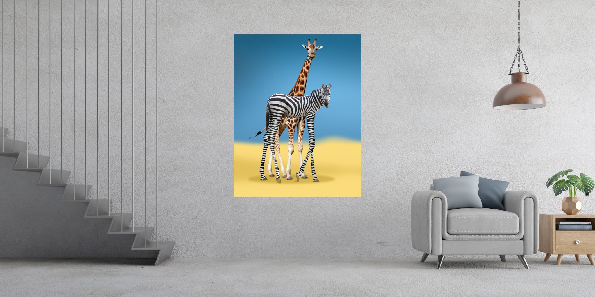 Kreative Bildbearbeitung Composing Artwork zeigt eine Giraffen-Vetar mit seinem langbeinigem Sohn der ein Zebra ist im Wohnbeispiel.