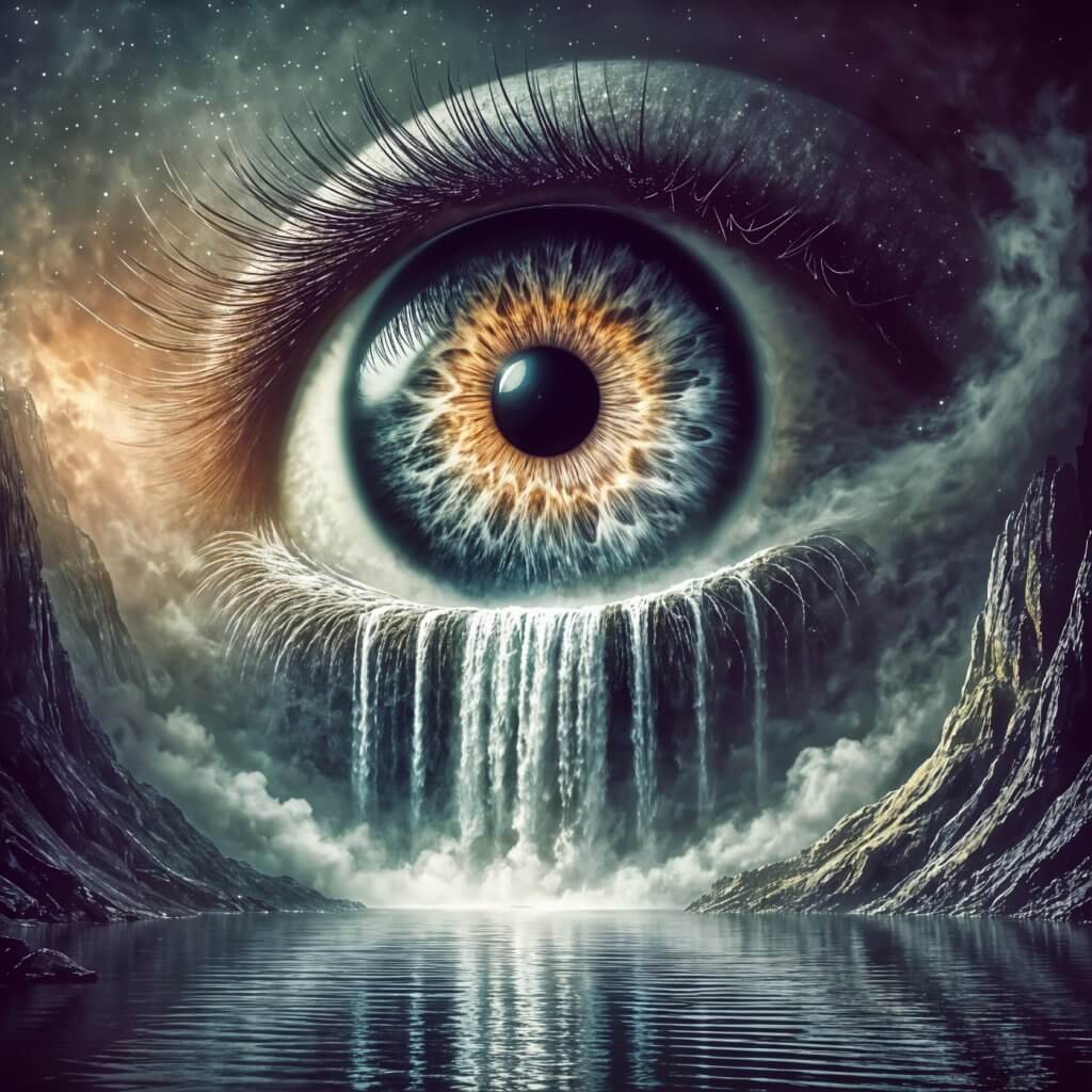 Surreale Fotokunst: Ein riesiges menschliches Auge mit Wasserfall in mystischer Landschaft – Armin Mumper.