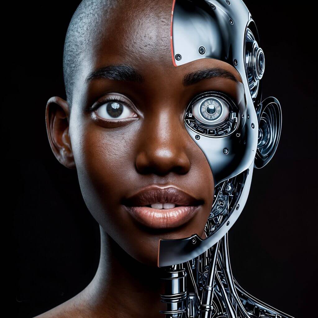 Eine androide Frau, eine Gesichtshälfte wie eine schwarze Frau, die andere Gesichtshälfte wie ein metallischer Roboter. Alles vor einem schwarzen Hintergrund