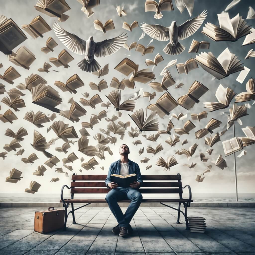 Surreale Fotokunst: Ein Mann liest auf einer Bank, über ihm fliegen unzählige Bücher und Vögel – Armin Mumper.