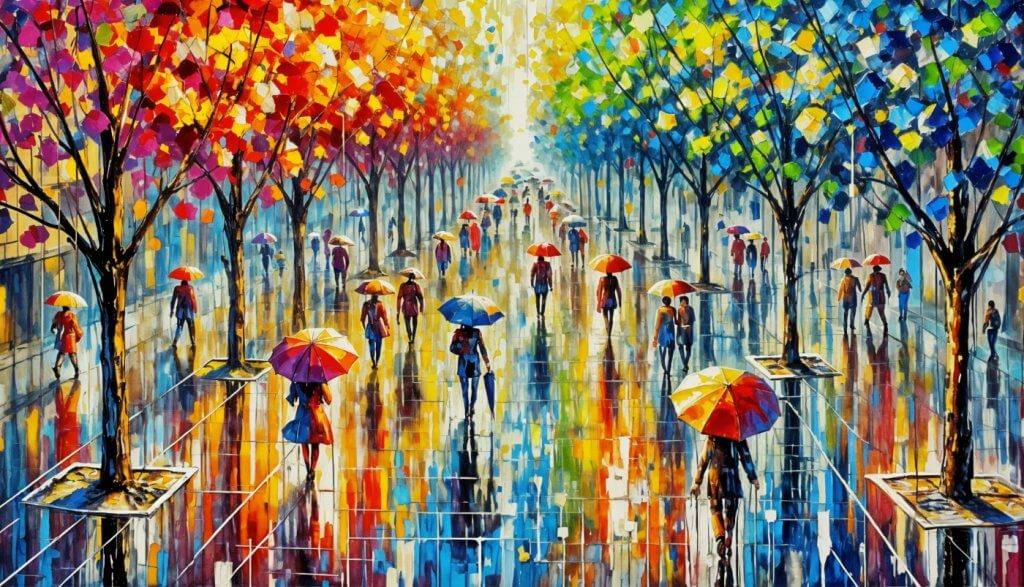 Bunte Malerei einer Allee im Regen, Menschen mit Schirmen spiegeln sich im leuchtenden Straßenpflaster – Armin Mumper.
