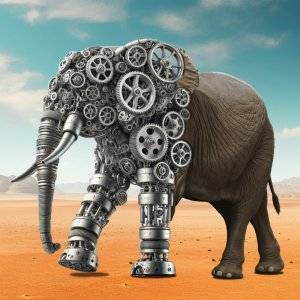 Elefant aus Zahnrädern und Mechanik in der Wüste – futuristische Kunst zwischen Natur und Technik.