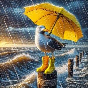 Humorvolles Bild: Möwe mit gelben Gummistiefeln und Regenschirm steht im Sturm am Meer – Armin Mumper