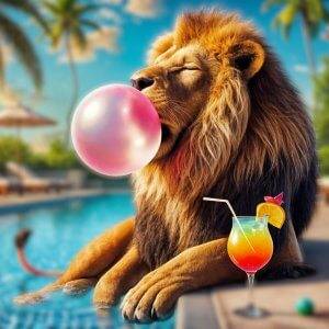 Humorvolles Bildt: Ein Löwe am Pool kaut Kaugummi und bläst eine rosa Blase neben einem Cocktail – Armin Mumper.