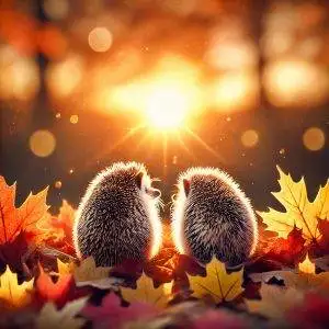Zwei Igel im Herbstlaub blicken in den Sonnenuntergang, romantische Naturaufnahme – Armin Mumper Kunst.