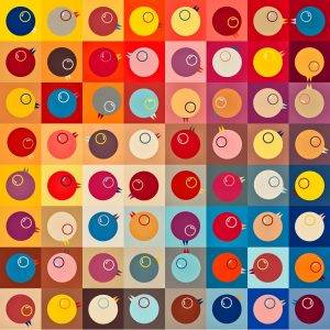 Moderne Grafik: 64 bunte, runde Köpfe in geometrischem Raster, abstrakte Pop-Art von Armin Mumper.