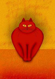 Minimalistische Grafik: Eine rote Katze mit gelben Augen vor gelbem Hintergrund – Armin Mumper.