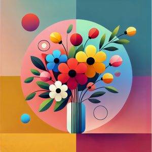 moderner Blumenstrauß in Vase vor einem Hintergrund aus verschiedenen harmonischen geometrisch eingefassten Farbverläufen.