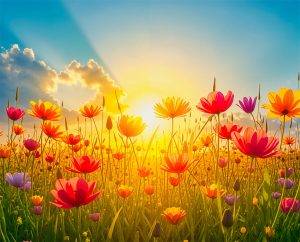 Bunte Blumenwiese im Sonnenuntergang mit leuchtenden Blüten vor blauem Himmel – Naturkunst von Armin Mumper.