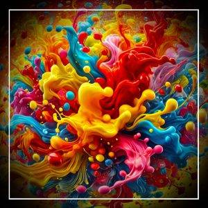 Abstrakte Farberuption mit intensiven Rot-, Gelb-, Blau- und Pinktönen – modernes Kunstwerk voller Dynamik aus der Kategorie Foto & Kunst von Armin Mumper, regesauge.de.