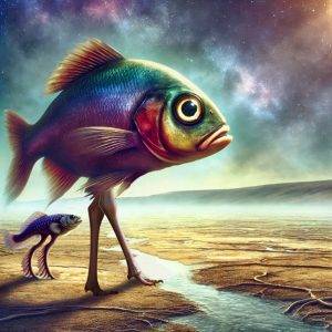 Surreales Kunstwerk von Armin Mumper: bunter Fisch mit langen Beinen wandert über trockene Landschaft unter Sternenhimmel – Kategorie Foto & Kunst, regesauge.de.