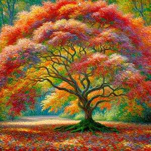 Prächtiger Baum in leuchtenden Herbstfarben mit rotem, gelbem und violettem Laub – Naturkunst von Armin Mumper.