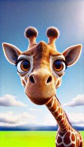 Eine Giraffe schaut mit großen Augen liebevoll wie ein bester Freund aus dem Bild vor einem blauen Himmel.