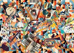 Farbenfrohe Fotokunst von Armin Mumper: Abstrakte Collage aus Musikinstrumenten, Noten und geometrischen Formen.
