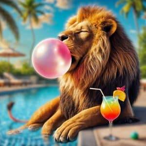 Humorvolles Bildt: Ein Löwe am Pool kaut Kaugummi und bläst eine rosa Blase neben einem Cocktail – Armin Mumper.