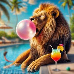 Humorvolles Bildt: Ein Löwe am Pool kaut Kaugummi und bläst eine rosa Blase neben einem Cocktail – Armin Mumper.