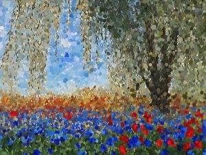 Schönes Wandbild: Bunte Kornblumenwiese vor einem Weidenbaum in pointillistischer Farbtechnik – Armin Mumper.