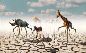 Surreale Fotokunst: Giraffe, Zebra, Nashorn und Löwe auf Stelzen in einer trockenen, rissigen Wüstenlandschaft.