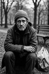 Porträt eines obdachlosen Mannes im Park, eindrucksvolle Schwarz-Weiß-Fotografie – Armin Mumper.