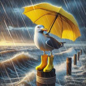 Humorvolles Bild: Möwe mit gelben Gummistiefeln und Regenschirm steht im Sturm am Meer – Armin Mumper.