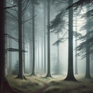 Mystischer Wald im Morgennebel mit hohen Bäumen und sanftem Licht – Naturkunst von Armin Mumper.