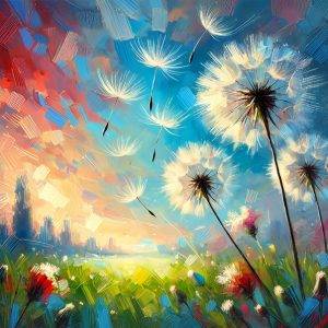 Pusteblumen im Wind mit fliegenden Samen vor farbigem Himmel – Natur & Versiegelt Kunst von Armin Mumper.