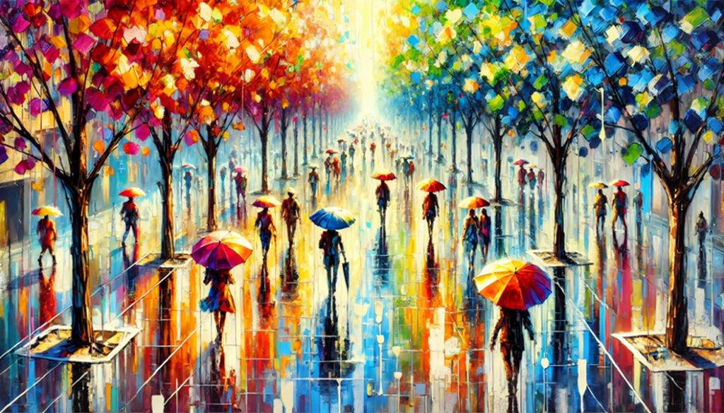 Farbenfrohe Malerei einer Allee im Regen, Menschen mit bunten Schirmen spiegeln sich im nassen Pflaster – Armin Mumper.
