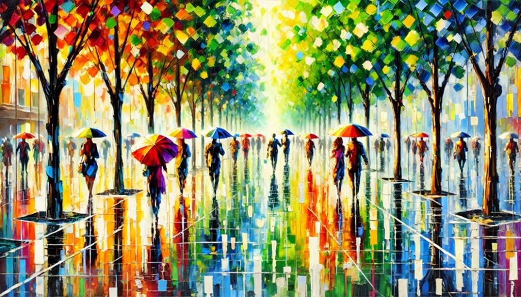 Bunte Malerei einer Allee im Regen, Menschen mit Schirmen spiegeln sich im leuchtenden Straßenpflaster – Armin Mumper.