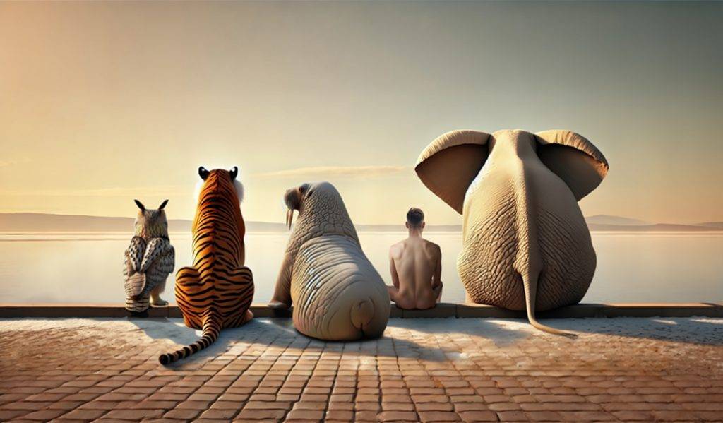 Surreale Fotokunst: Eule, Tiger, Walross, Mensch und Elefant sitzen nebeneinander am Kai beim Sonnenuntergang.