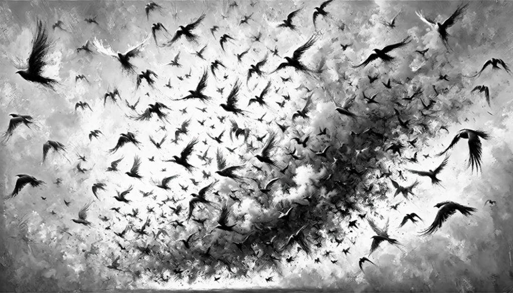 Schwarz-weißer Vogelschwarm in dynamischer Bewegung, dramatische Szene – Natur & Versiegelt von Armin Mumper.