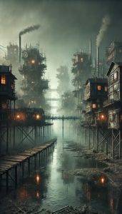 Dystopische Stelzenstadt mit Rauch und Wasserwegen, geheimnisvolle Stimmung – Natur & Versiegelt von Armin Mumper.