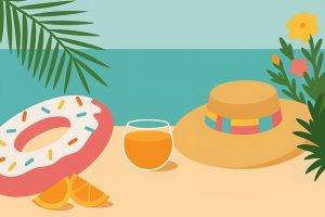 Sommerliche Grafik mit Strohhut, Schwimmreifen, Orangensaft und Blumen am Strand – Armin Mumper.