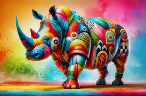 Farbenprächtiges Nashorn in moderner Kunst, detailreich gestaltet mit Mustern und leuchtenden Farben