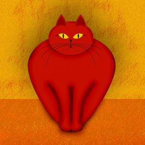 Minimalistische Grafik: Eine rote Katze mit gelben Augen vor gelbem Hintergrund – Armin Mumper.