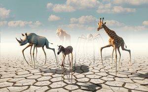 Surreale Fotokunst: Giraffe, Zebra, Nashorn und Löwe auf Stelzen in einer trockenen, rissigen Wüstenlandschaft.