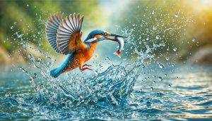 Eisvogel fängt Fisch im Wasser, dynamische Szene mit spritzendem Wasser – Natur & Versiegelt von Armin Mumper.