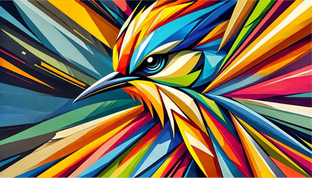 Abstrakte Malerei eines bunten Vogels, dynamisch in kräftigen Farben und klaren Formen dargestellt – Armin Mumper.