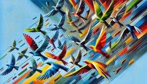 Abstrakte Malerei eines Schwarms bunter Vögel im Flug, voller Dynamik und leuchtender Farben – Armin Mumper.