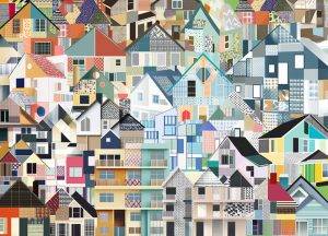 Bunte Grafik: Collage aus vielfältigen Häusern und Fassaden in geometrischen Mustern – Armin Mumper.