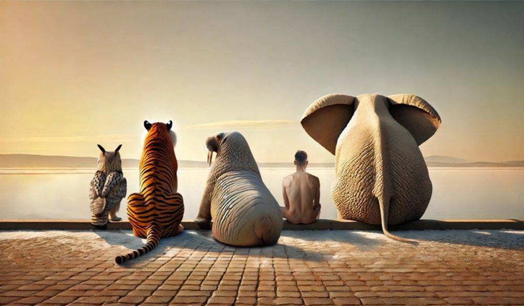 Surreale Fotokunst: Eule, Tiger, Walross, Mensch und Elefant sitzen nebeneinander am Kai beim Sonnenuntergang.