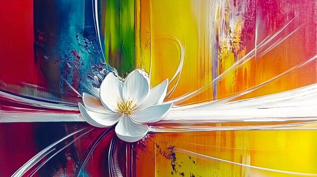 Abstrakte Malerei mit weißer Blume vor leuchtend buntem Hintergrund in Rot, Gelb und Blau – Armin Mumper.