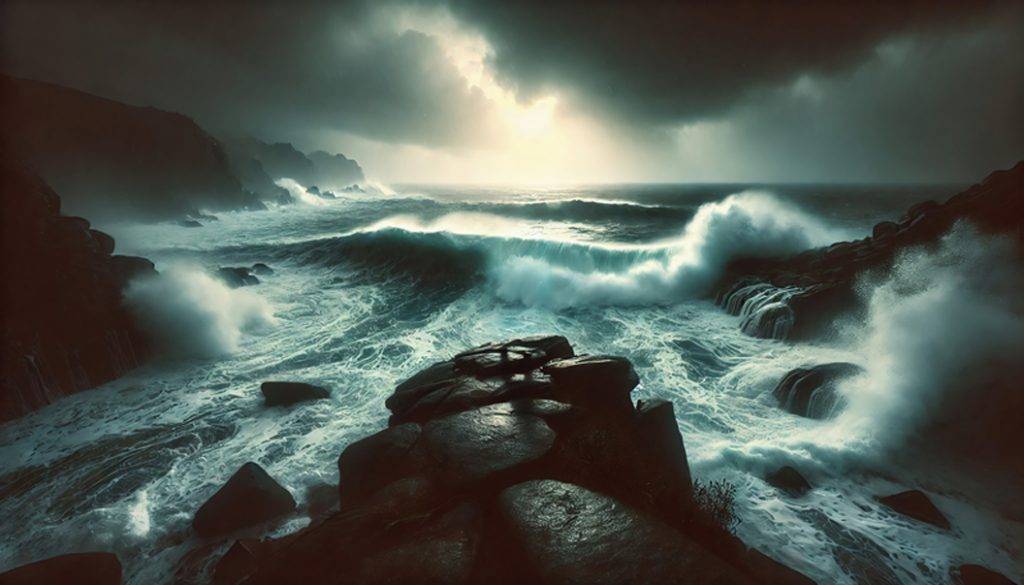 Dramatische Wellen brechen an felsiger Küste im Sturmlicht – Natur & Versiegelt Kunst von Armin Mumper.