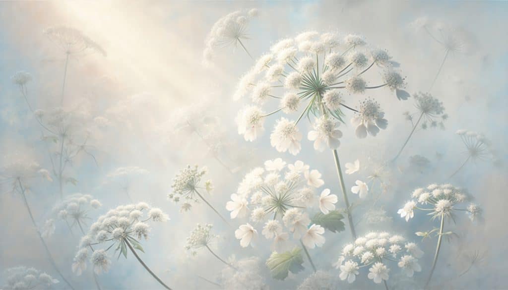 Zarte weiße Doldenblüten im sanften Licht, poetisch inszenierte Naturkunst – Natur & Versiegelt von Armin Mumper.