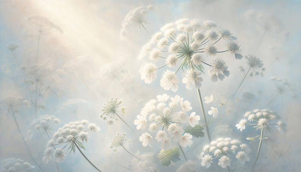 Zarte weiße Doldenblüten im sanften Licht, poetisch inszenierte Naturkunst – Natur & Versiegelt von Armin Mumper.